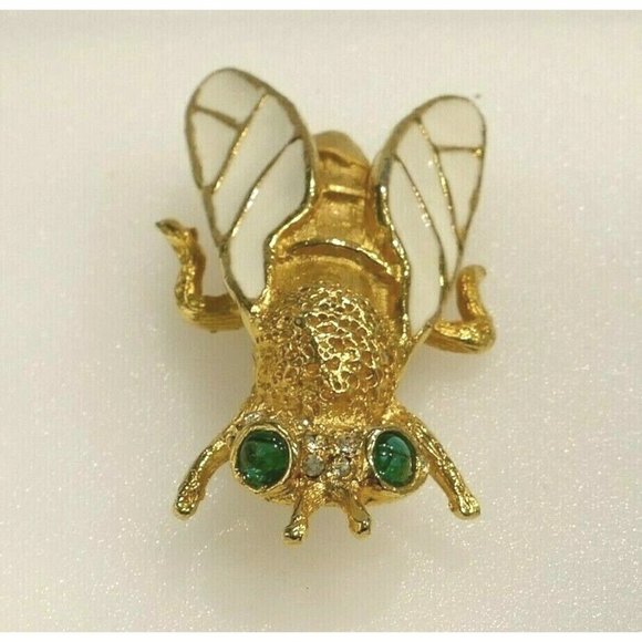 Vintage Signed KJL Insect Brooch Gold Plated with White Enamel Bee Wasp